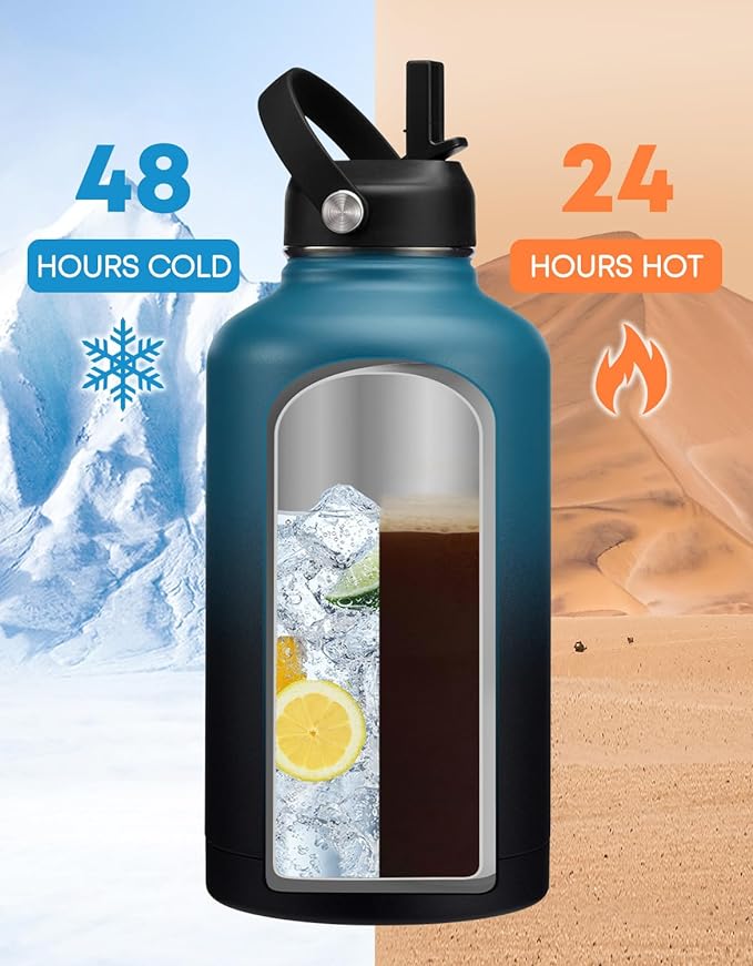 64 OZ Insulated Water Bottles with Straw - Waterbottle Carrier with Strap, Protective Boot & Paracord Handle, Stainless Steel Water Flask Canteen
