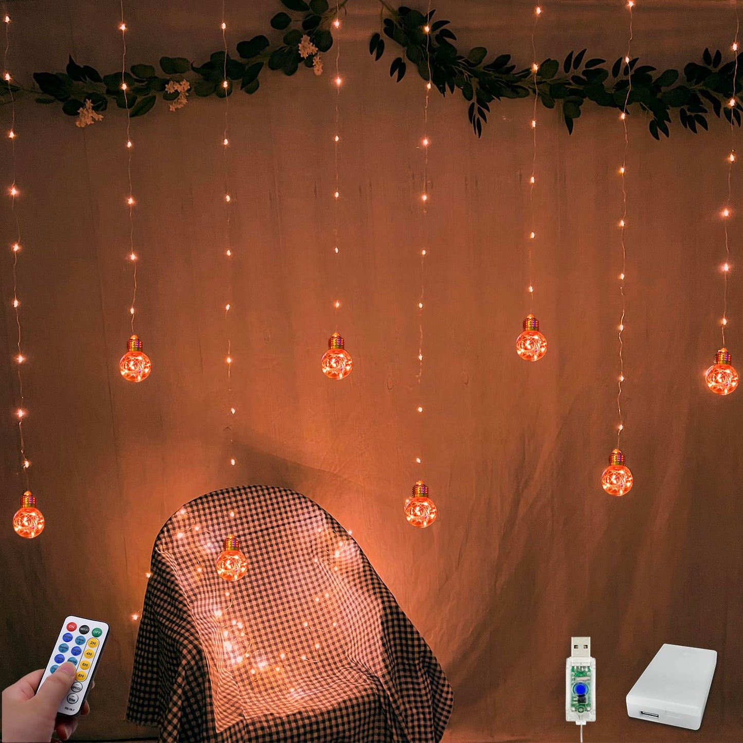 YOLIGHT 200 LED Wishing Ball Curtain String Lights, Remote Control, USB Battery Powered, Orange, Model YL-CLD-200