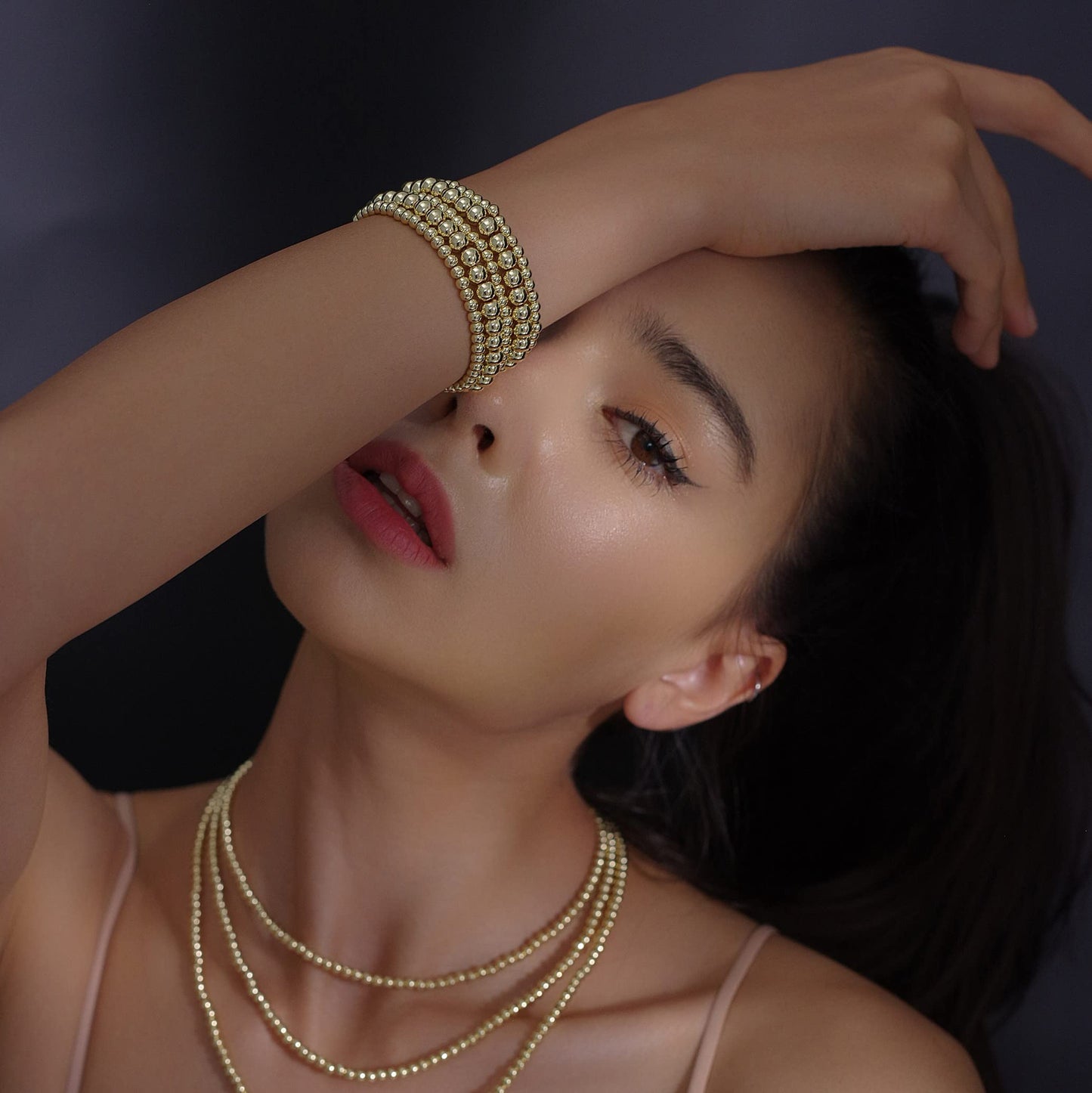 Badu Gold Bead Bracelet for Women 14K Gold Plated Bead Ball Bracelet Stretchable Elastic Hypoallergenic Bohemian Stackable Brace