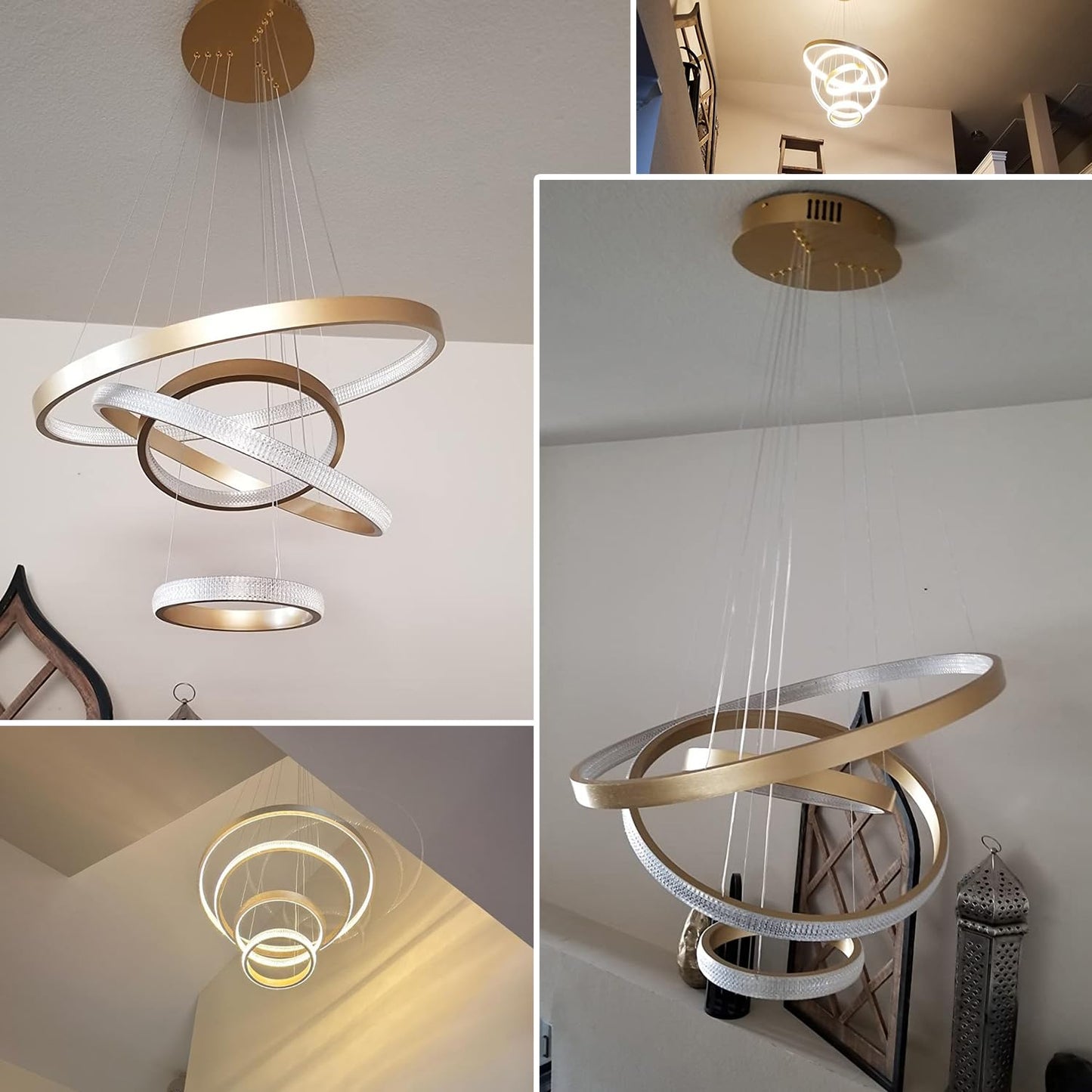 Gold Crystal Chandelier 4 Ring Modern Led Crystal Chandelier Light Fixture Ceiling Hanging stylish Large 31.5 Inch Dimmable Modern Ceiling Light Fixtures Led Pendant Lighting With Remote Control