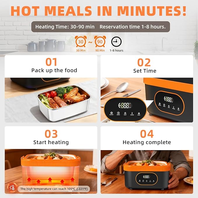 Cordless Electric Lunch Box,20000mAh Heated Lunch Box Rechargeable Battery Powered Self-Heating Food Warmer,1.5L Large Capacity Portable for Car,Work,Office,Travel,Picnic&Outdoor (Black & Orange)