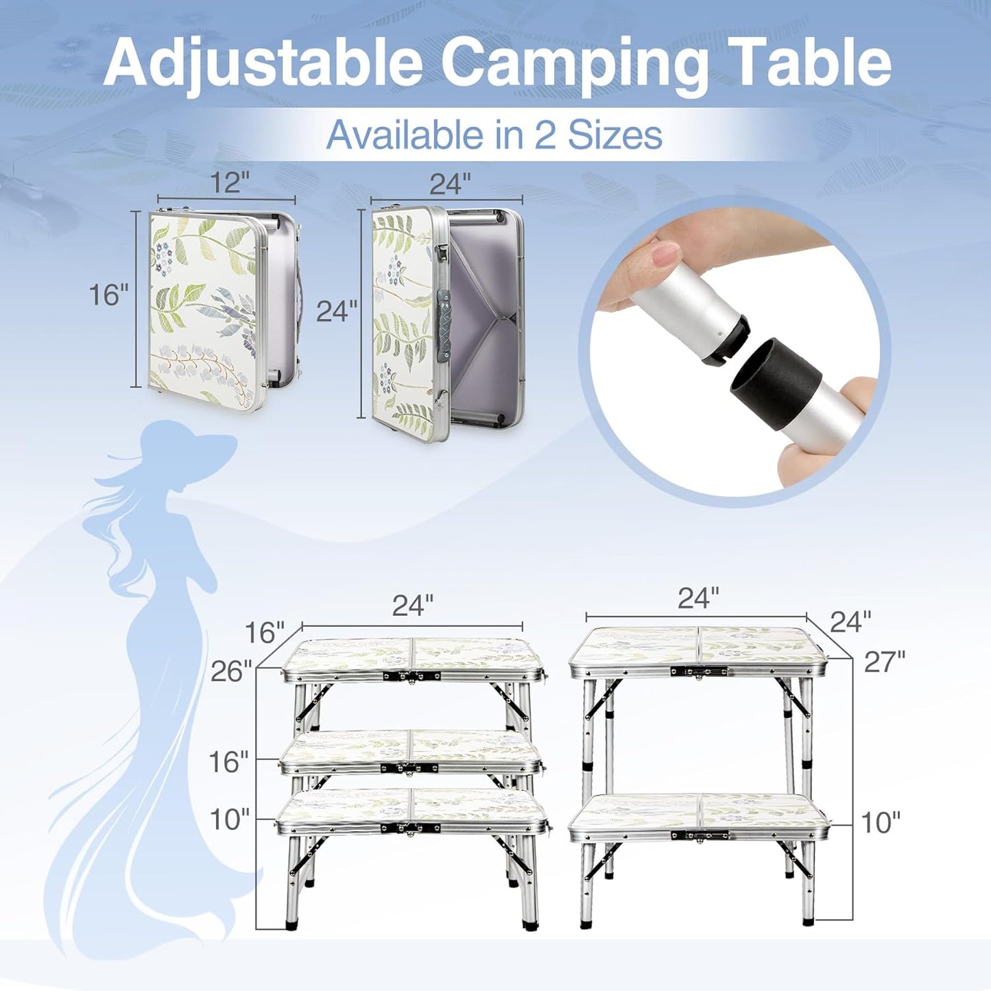 RedSwing Square Camping Table 2ft Portable Pinic Table Adjustable Height Small Card Table Aluminum Foldable Lightweight with Carry Handle for Outdoor Indoor Hiking Camp BBQ Beach