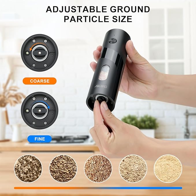 AIKARO - Electric Salt and Pepper Mill Automatic Spice Grinder, Battery Operated