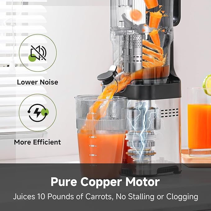 AMZCHEF Cold Press Juicer, Juicers Machines - 5.4" Large Feed Chute for Whole Fruits & Vegetables, Stainless Steel Slow Masticating Juice Easy to Clean, Large Auger, Triple Strainers