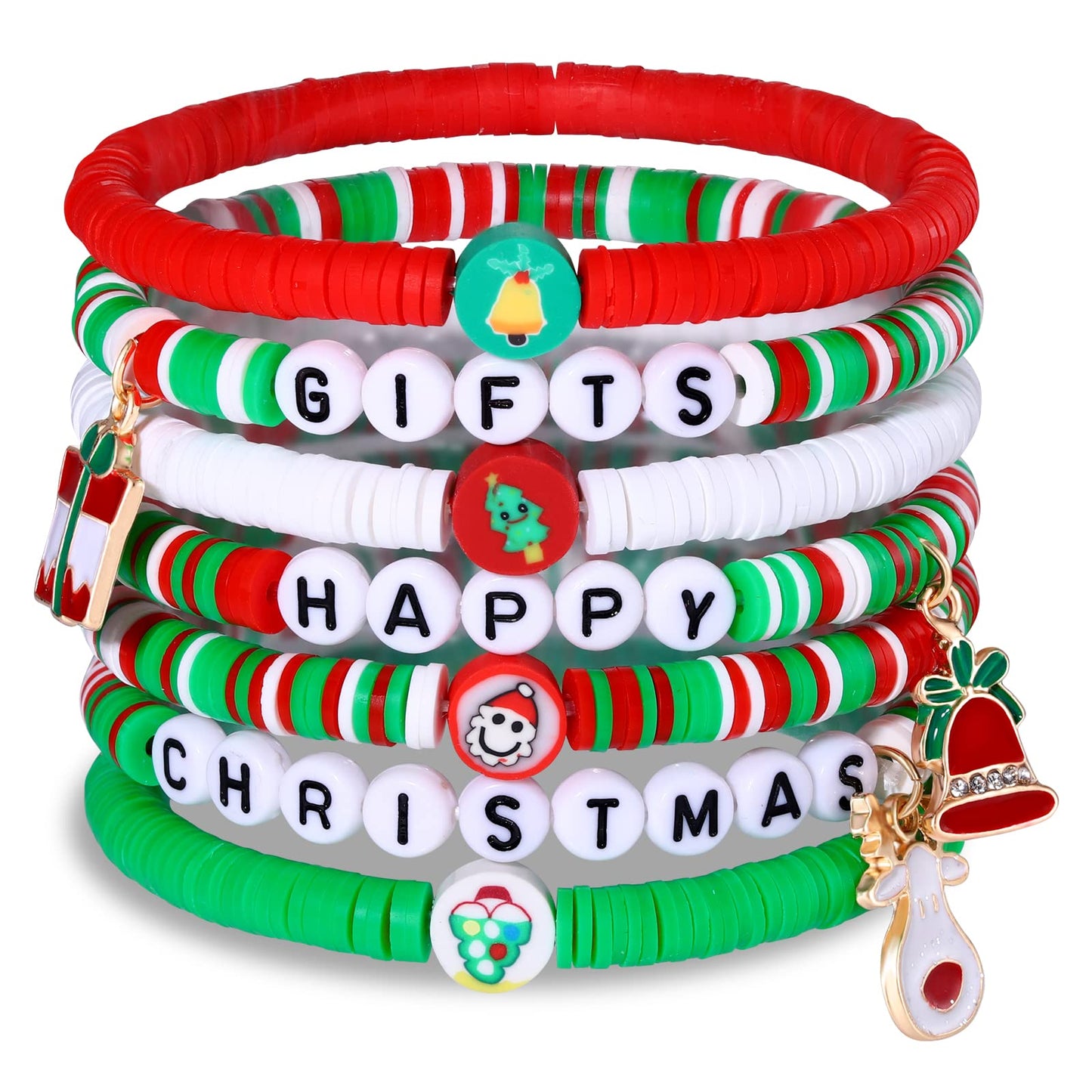 FAERLIIRY Christmas Bracelets for Women Preppy Heishi Bracelets Stackable Polymer Clay Disc Beaded Stretch Bracelets Xmas Party