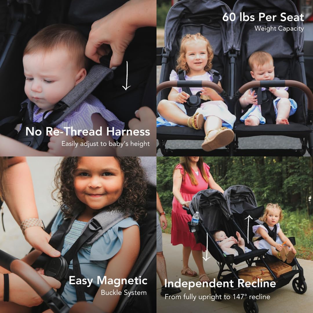Strolee Lightweight Double Side by Side Stroller - 22 Lbs, 9.5" Compact Fold, Twin Nap Ready Seating, No Rethread Harness, Magnetic Buckle & Ultra Plush Seat 60Lb Max Per Seat- (v2 Sage)