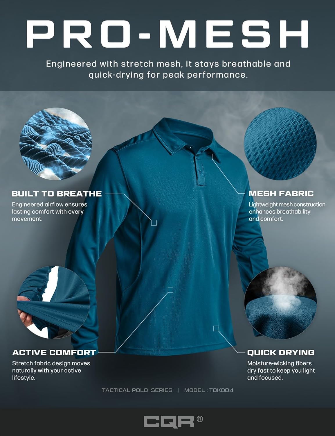 CQR Men's Polo Shirt, Long Sleeve Tactical Shirts, Outdoor UPF 50+ Pique Shirt, Dry Fit Lightweight Golf Shirts