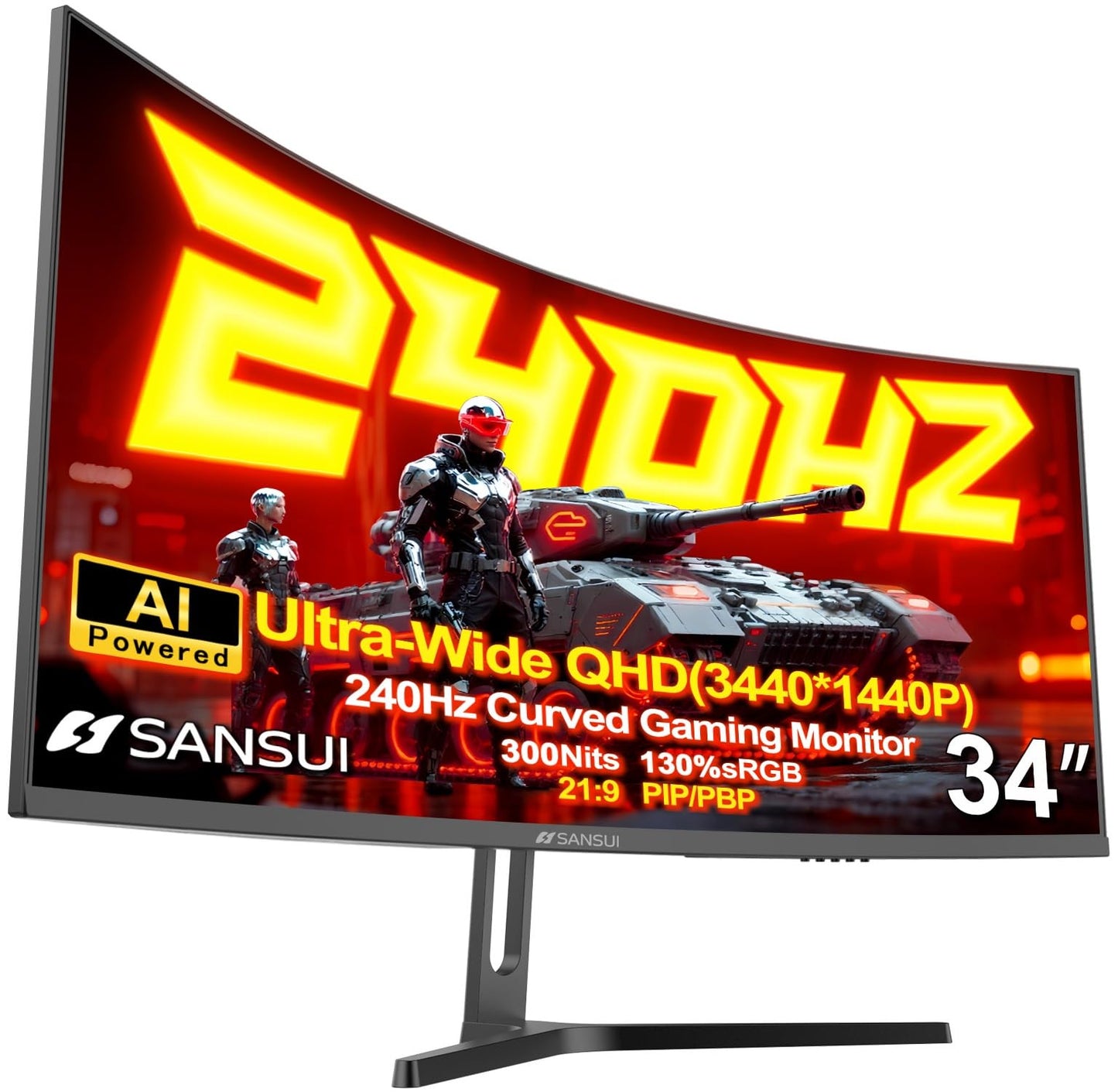SANSUI 34 Inch 240Hz Curved Ultrawide UWQHD 3440x1440 Gaming Monitor, 21:9 2K Curved Monitor 1500R,Fast VA, PIP/PBP,AI Crosshair,AIPQ(Visual Enhance),MPRT 1ms,HDR,HDMI2.1 * 2,DP1.4 * 2(DP Cable Incl.)