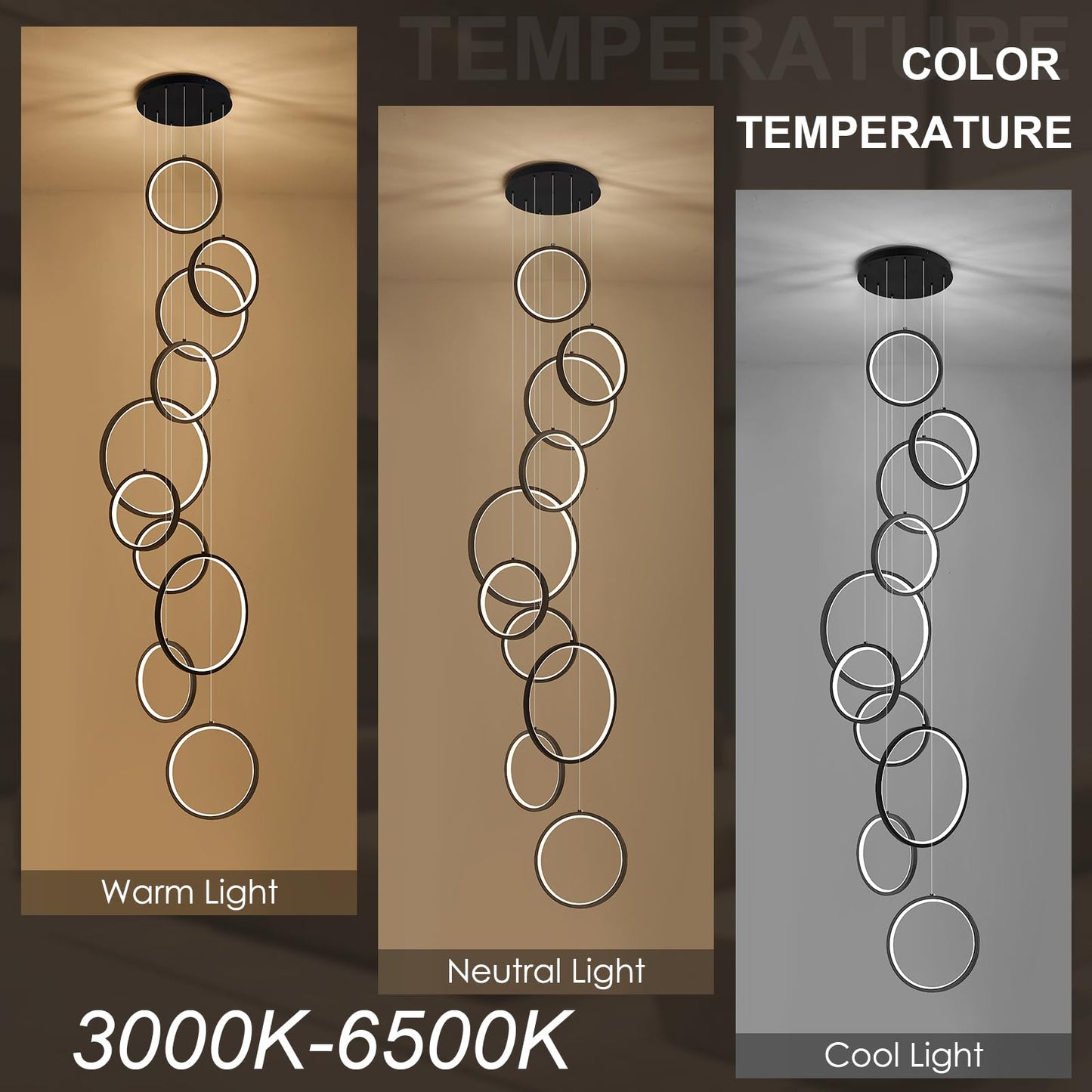 Benkut High Ceiling Chandelier 10 Ring Black LED Light with Remote Control, 98.5in, Aluminum