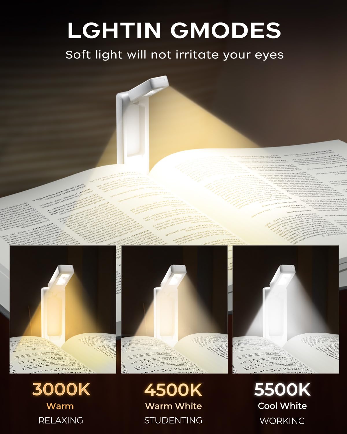 Lucarni Foldable Book Light - 3 Color Stepless Dimming, Ultra Lightweight, 700Mah Battery, White, Model Fblwh