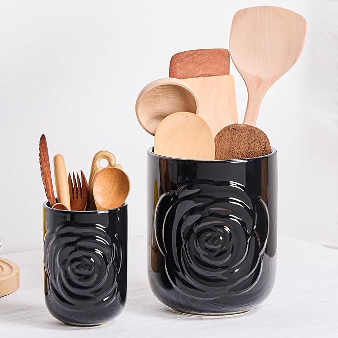 Large Utensil Holder Set of 2, 7.5"+ 5.5" - Ceramic Rose Kitchen Countertop Utensil Crock for Spatulas, Spoons & Cooking Tools, Farmhouse Kitchen Counter Decor, Black