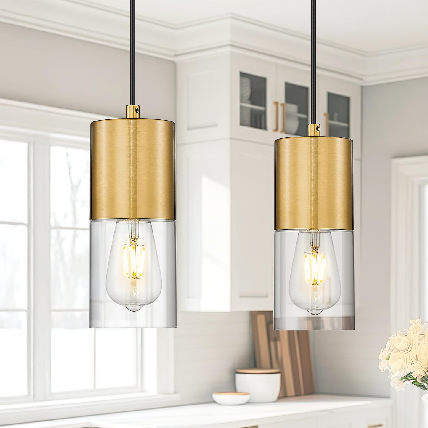 Audickic 2-Pack Pendant Lights Kitchen Island  Brushed Gold Shade Hanging Lights Fixtures With Cylinder Clear Glass  Brass Kitchen Pendant Lighting Over Island For Dining Room  Ad-24023-1P2-Gd
