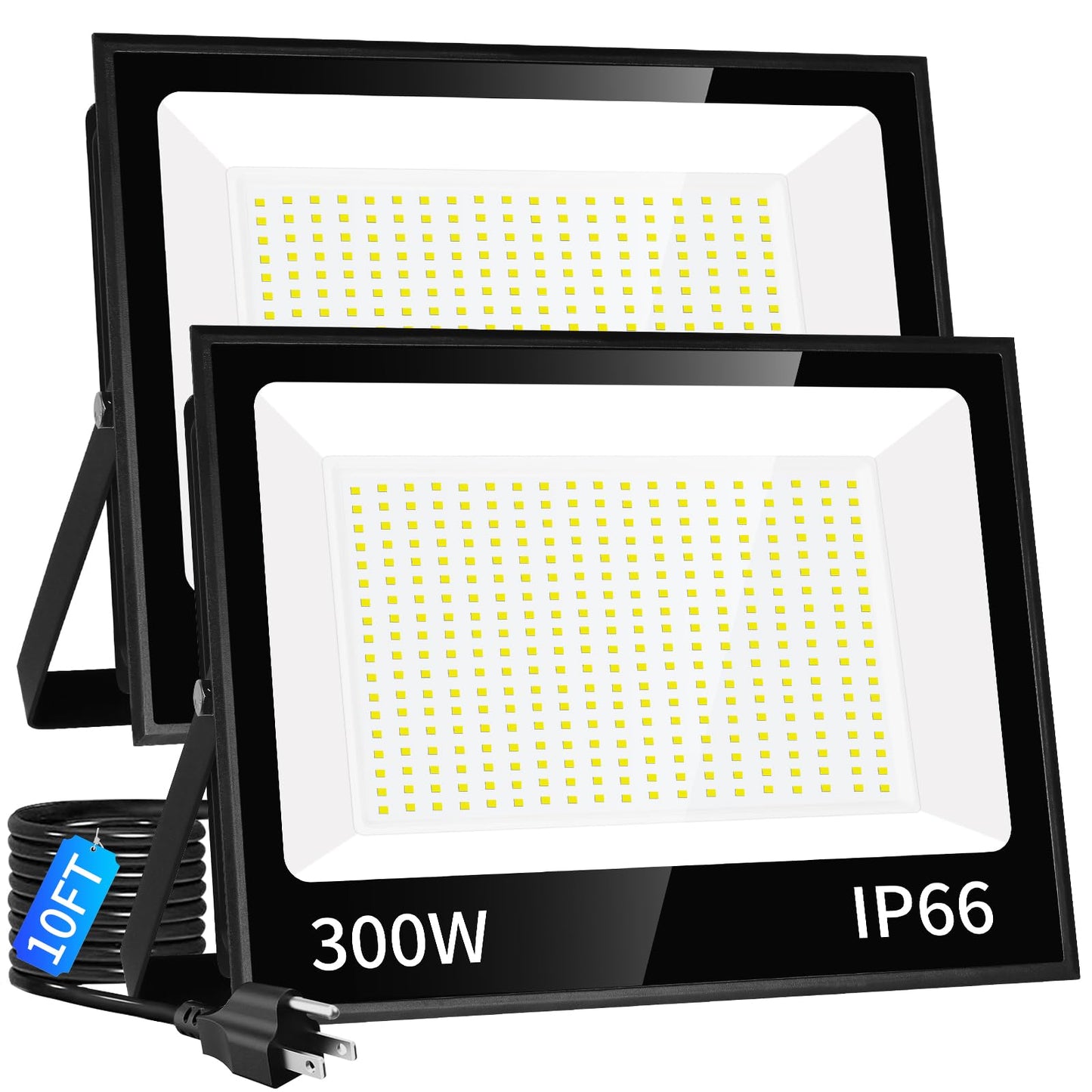 Isuerfy 300W Led Flood Light, 36000Lm, Ip66 Waterproof, 5000K Daylight White, Outdoor Plug-In, 2 Pack, Black/Clear