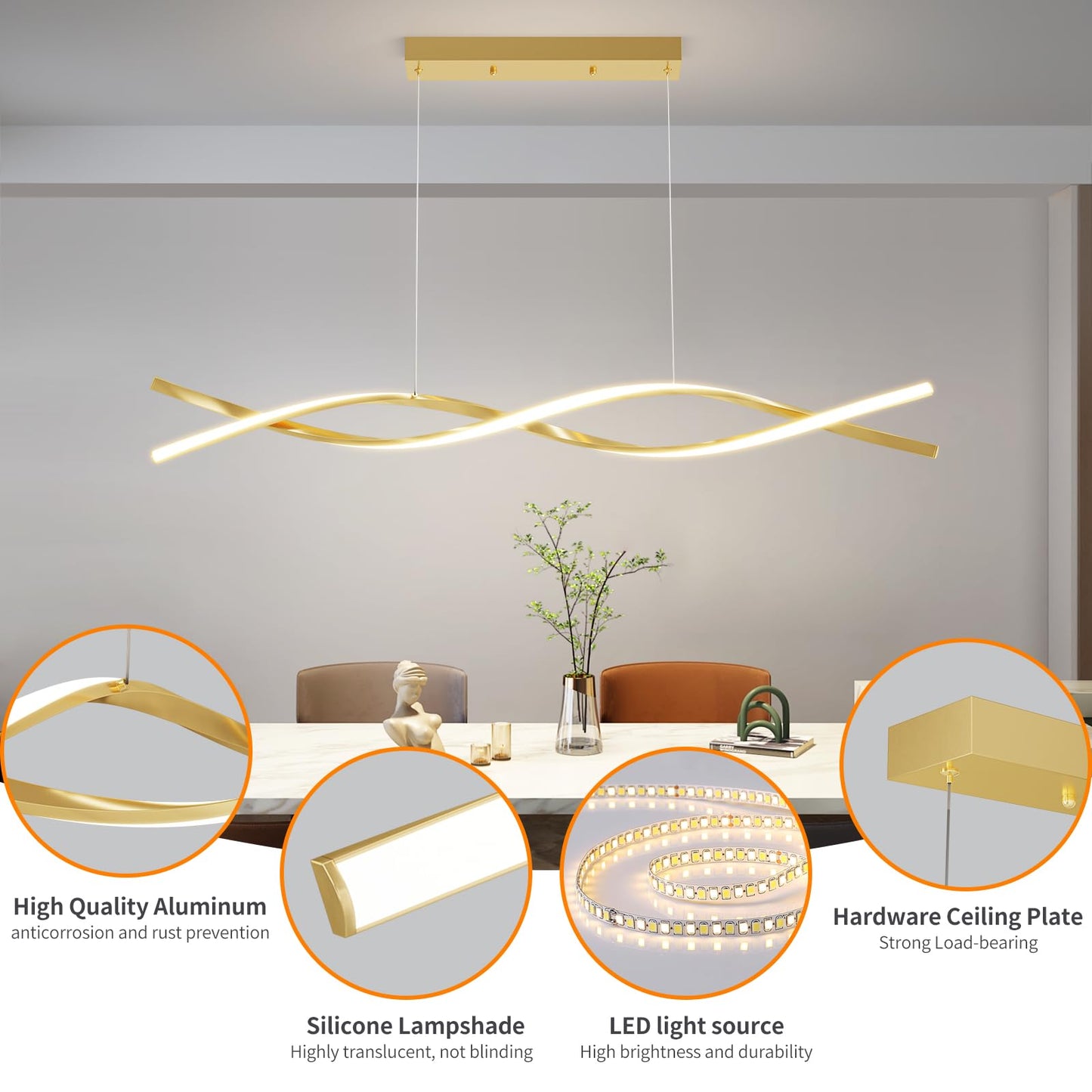 Mikeru Modern LED Pendant Light, 47in Gold Chandelier, Adjustable 3000K-6500K, Aluminum, Model BL120JS
