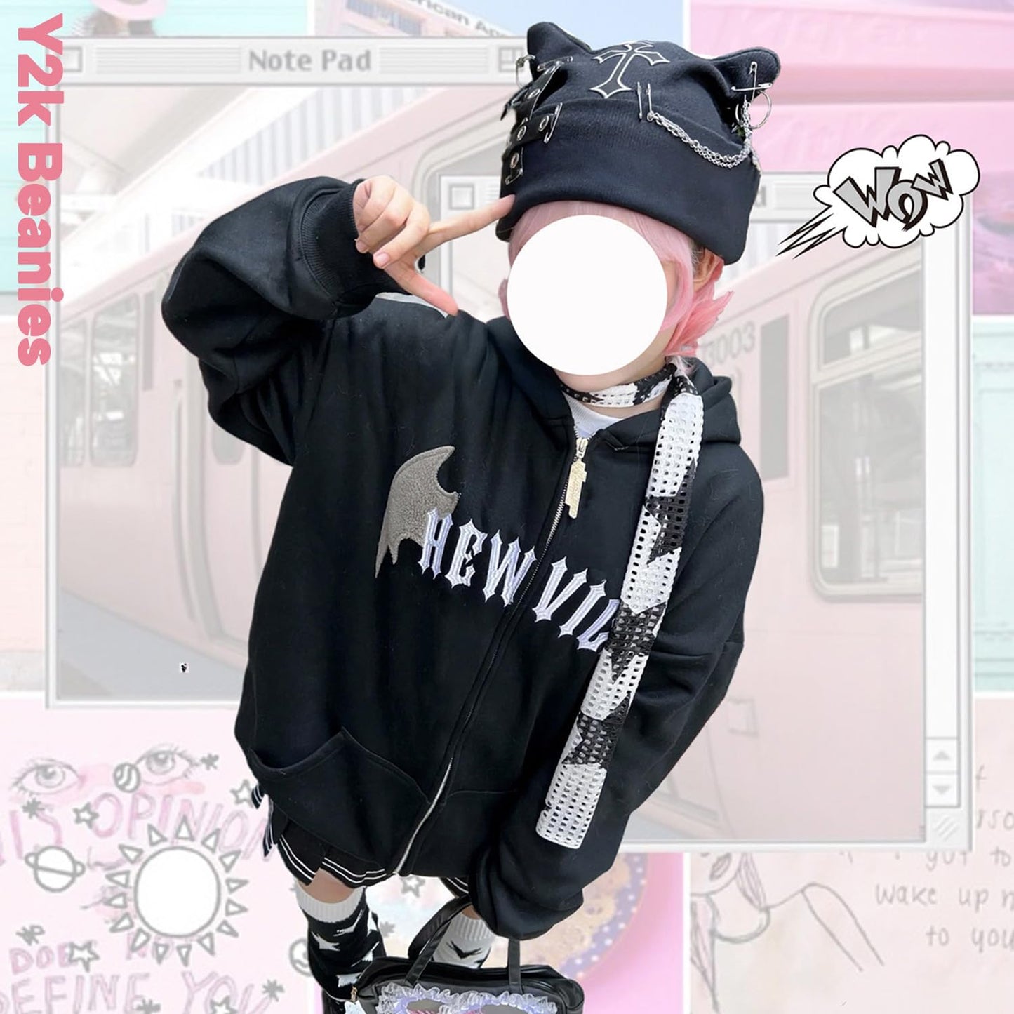 THESSNCE Goth Cat Beanie Goth Hat Accessories Punk Cat Ear Beanie Hat for Women Y2k Grunge Gothic Beanies Knitted Hat Streetwear Black
