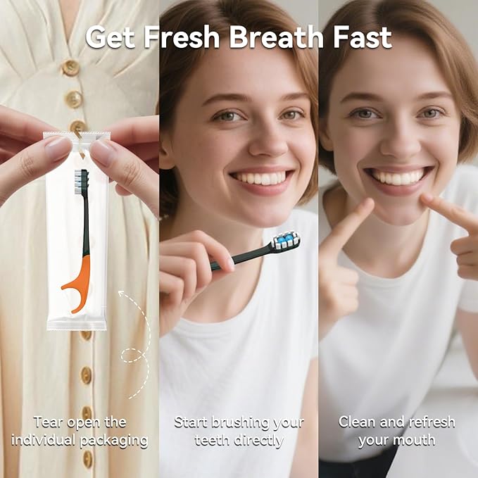 12Pack Disposable Toothbrush with Toothpaste All-in-One Oral Care Prepasted Individually Wrapped 5-in-1 Mini Toothbrush with Toothpick, Flosser, Tongue Cleaner, Perfect for Travel & On-The-Go