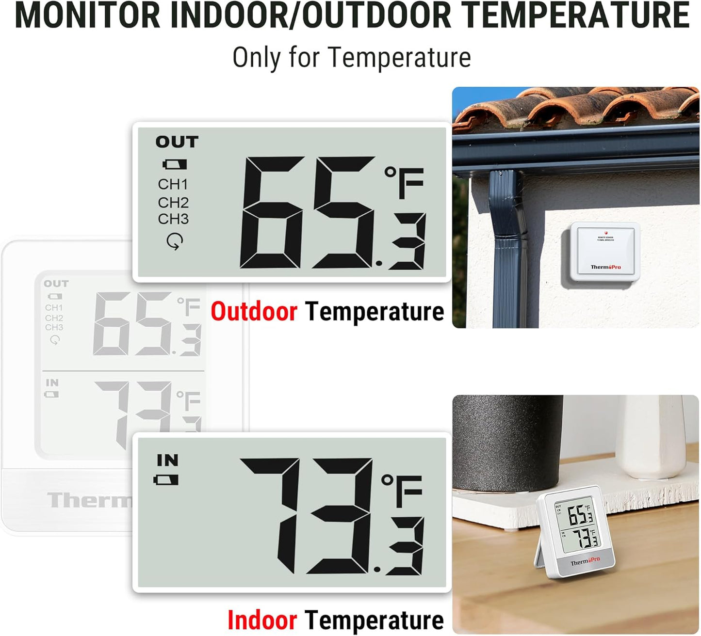 ThermoPro 500FT Indoor Outdoor Thermometer Wireless, Outdoor Thermometers for Patio with Temperature Sensor, Outside RoomThermometer for House Home Reptile Baby Room Temperature Monitor