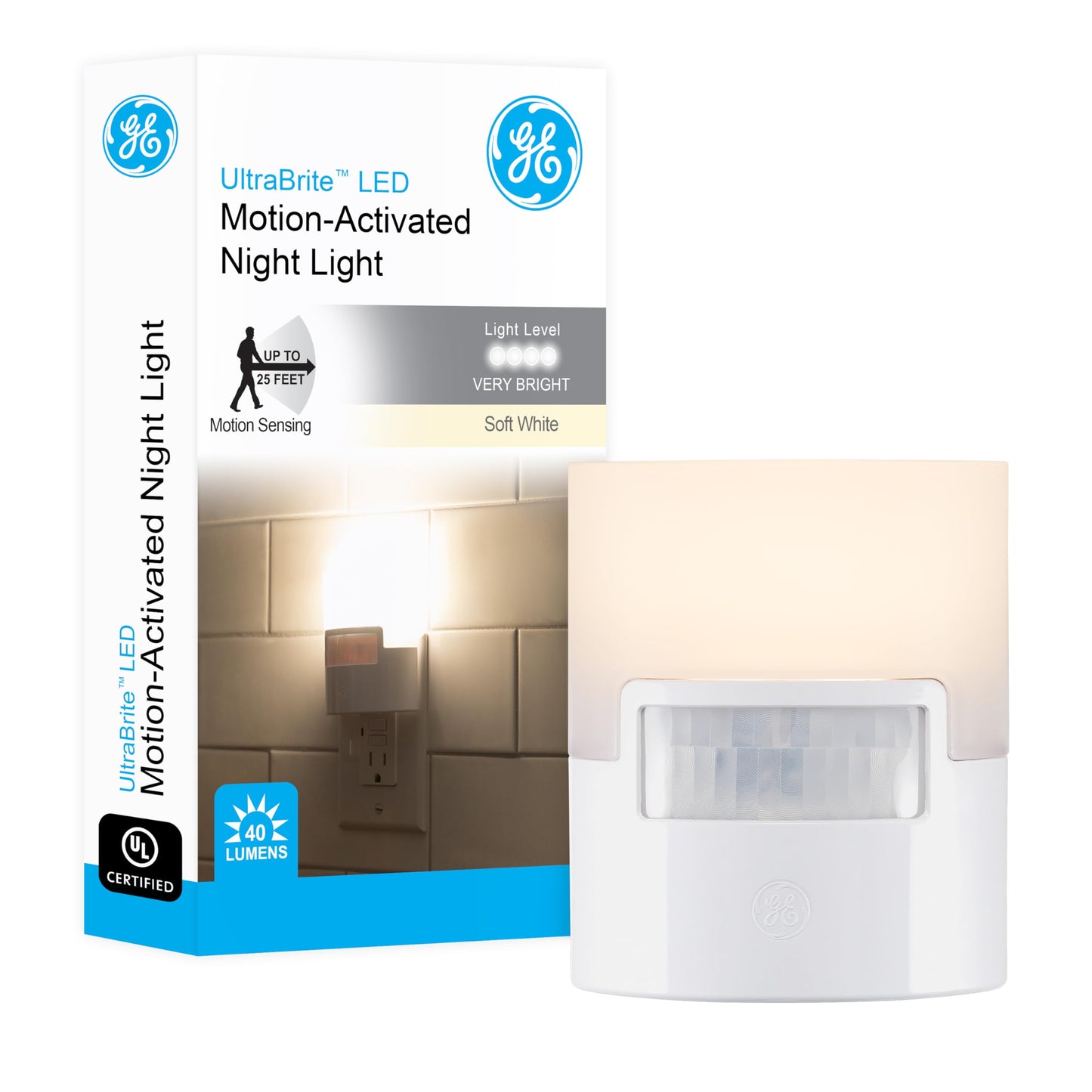 Ge Led Motion Sensor Night Light - 40 Lumens, Soft White, Plug-In, Ul-Certified, 1 Pack, Ideal For Bedroom, Bathroom, Kitchen