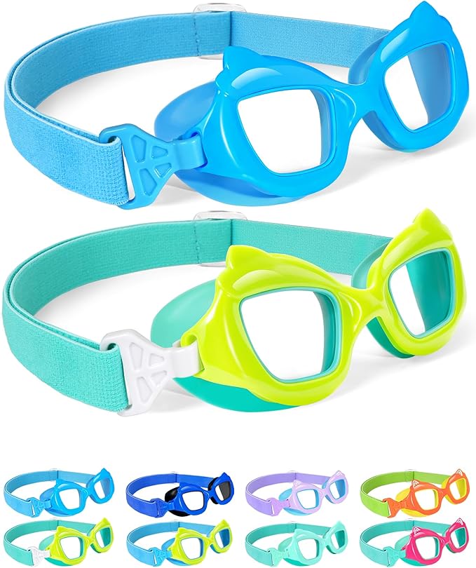 Seago 2 Pack Kids Swim Goggles with Fabric Strap for Kids 3-12, Cat-Shaped Swimming Goggles Anti-Fog UV Protection Leakproof