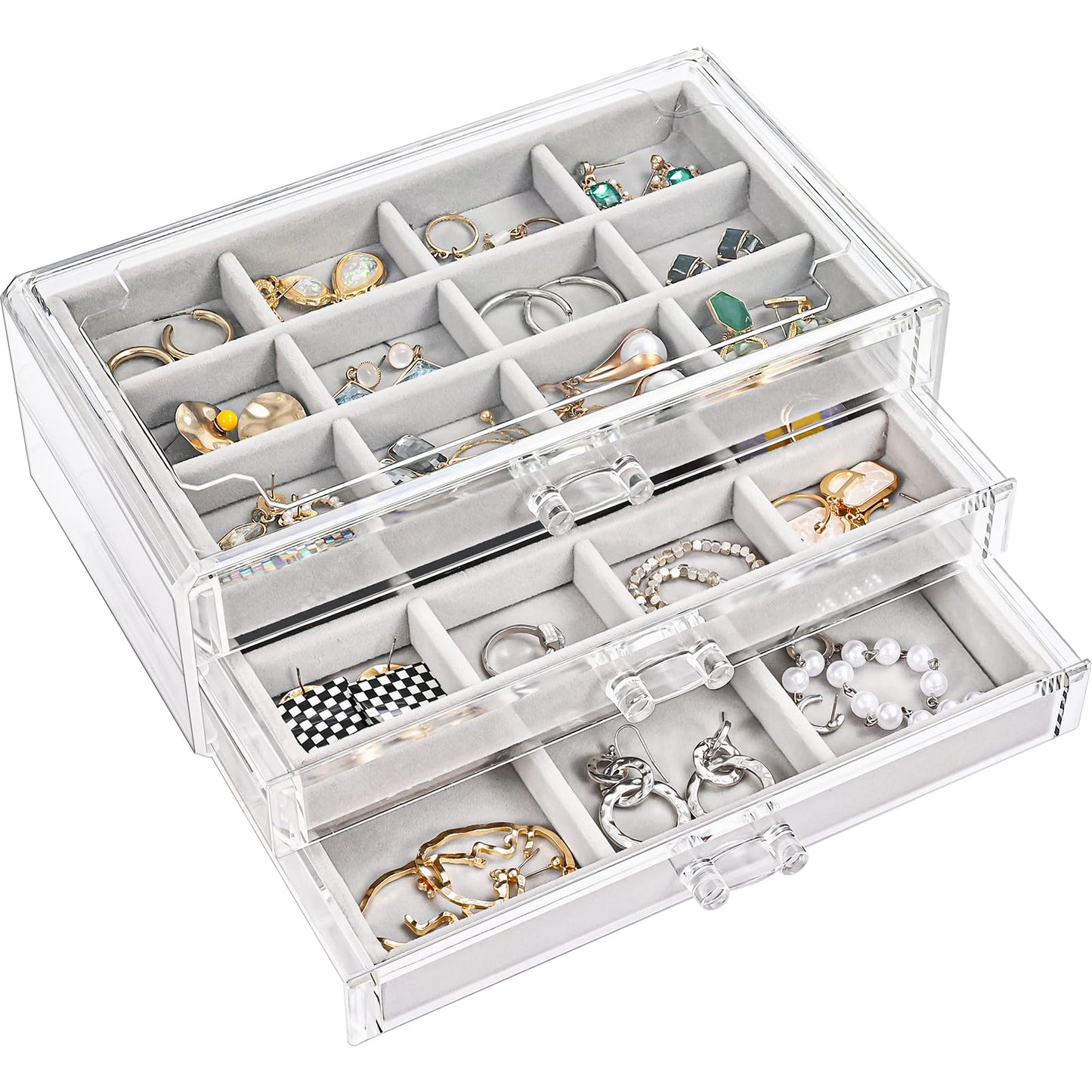 ProCase Earring Holder Organizer Jewelry Box with 3 Drawers, Acrylic Clear Earring Case with Adjustable Velvet Trays for Women -