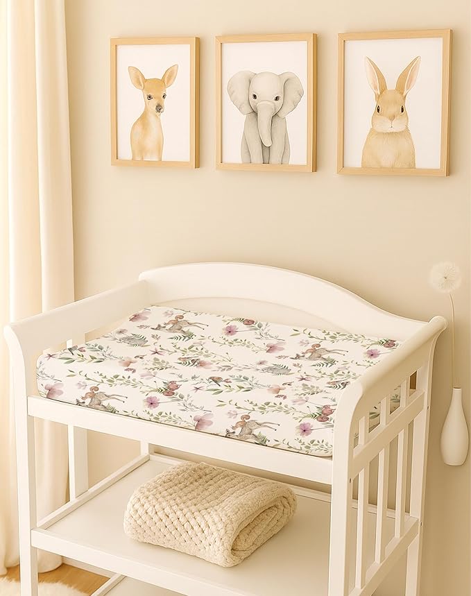 Changing Pad Cover for Baby Boys Girls 2 Pack, Fits Standard 32”×16” Changing Table Pads, Silky Breathable Stretch Knit, Machine Washable (Floral Fawn)
