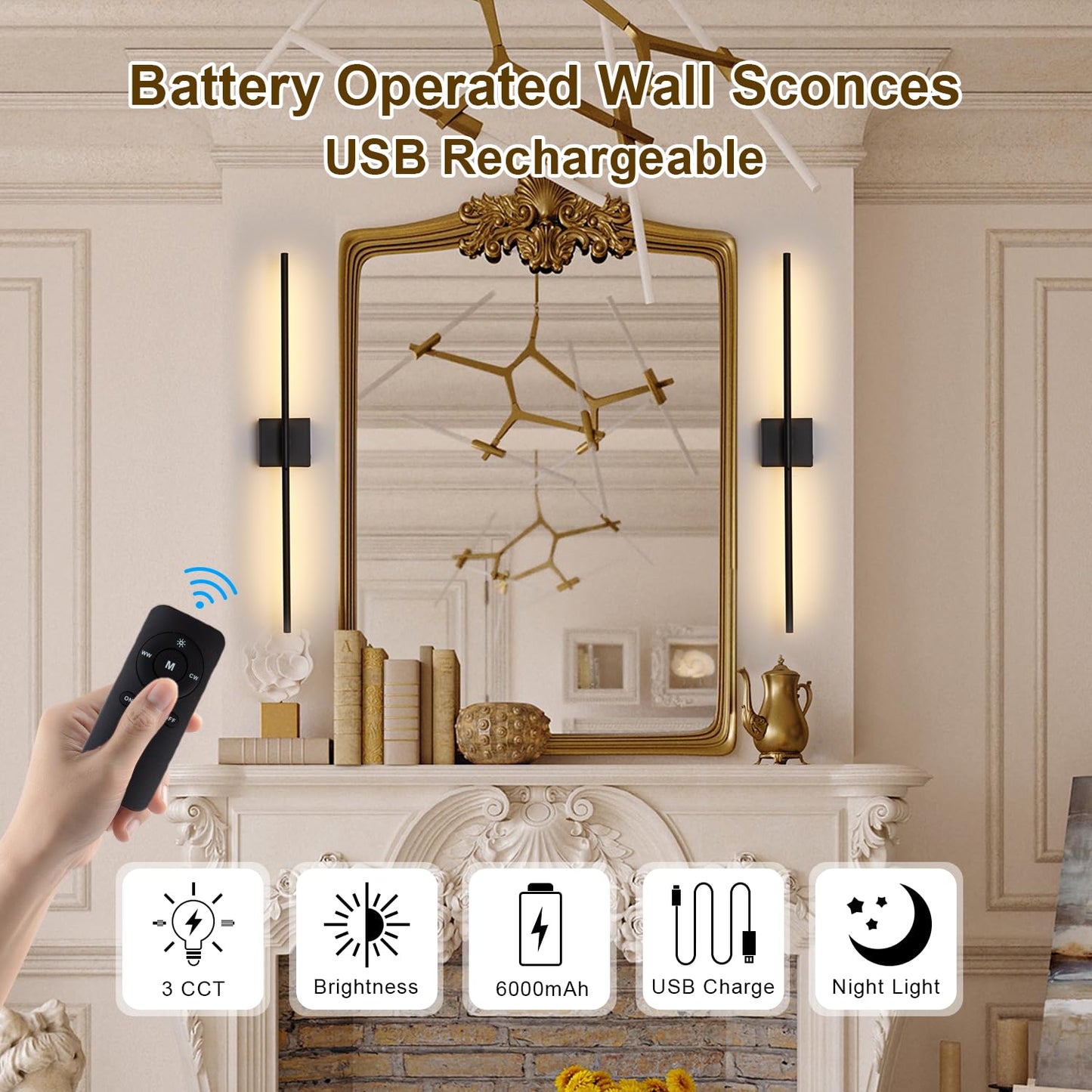 Linkenail Battery Operated Wall Sconces Set of 2, USB Rechargeable, Remote Control, 32 Inch, Black, Metal, Model XTFD-DC-HS