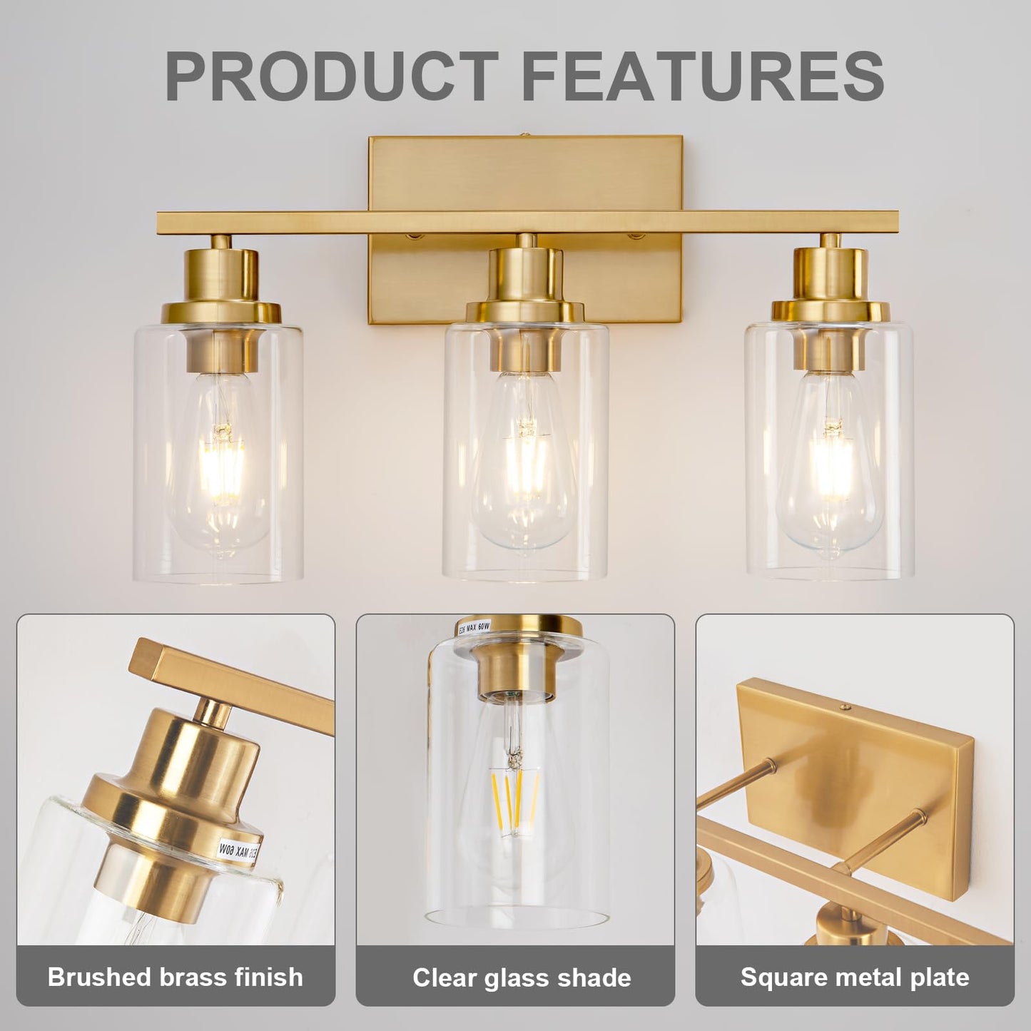 Hccz 3-Light Bathroom Vanity Light Fixture, Brushed Brass, Glass Shade, Model 800-100-1077, Modern Farmhouse Wall Sconce For Home