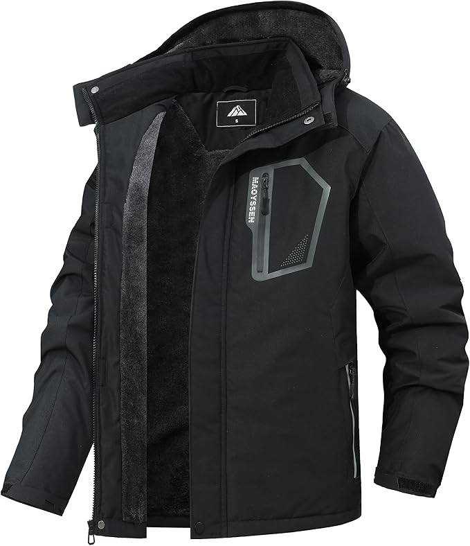 MAOYSSEN Men’s Warm Ski Jacket,Waterproof Fleece Lined Hooded Outdoor Cold Weather Jacket with Multi-Pockets