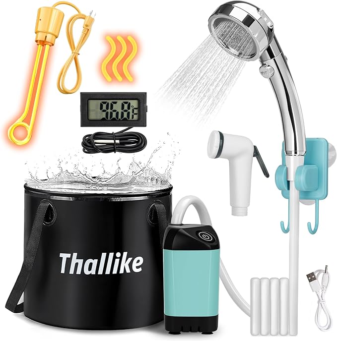 Portable Hot Shower for Camping, 1000W Immersion Heated, Rechargeable Camping Shower Pump, 6.6 Gallons Folding Bucket for Camping, Hiking, Traveling, Washing