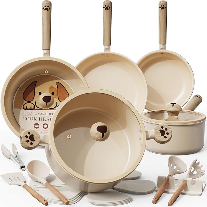 Astercook 18 Pcs Pots and Pans Set Non Stick Dog Paw Series Ceramic Induction Kitchen Cookware Sets Healthy Kitchen Cooking Set with Frying Pans Set NON TOXIC（PFAS PTFE PFOA PFOS Free）