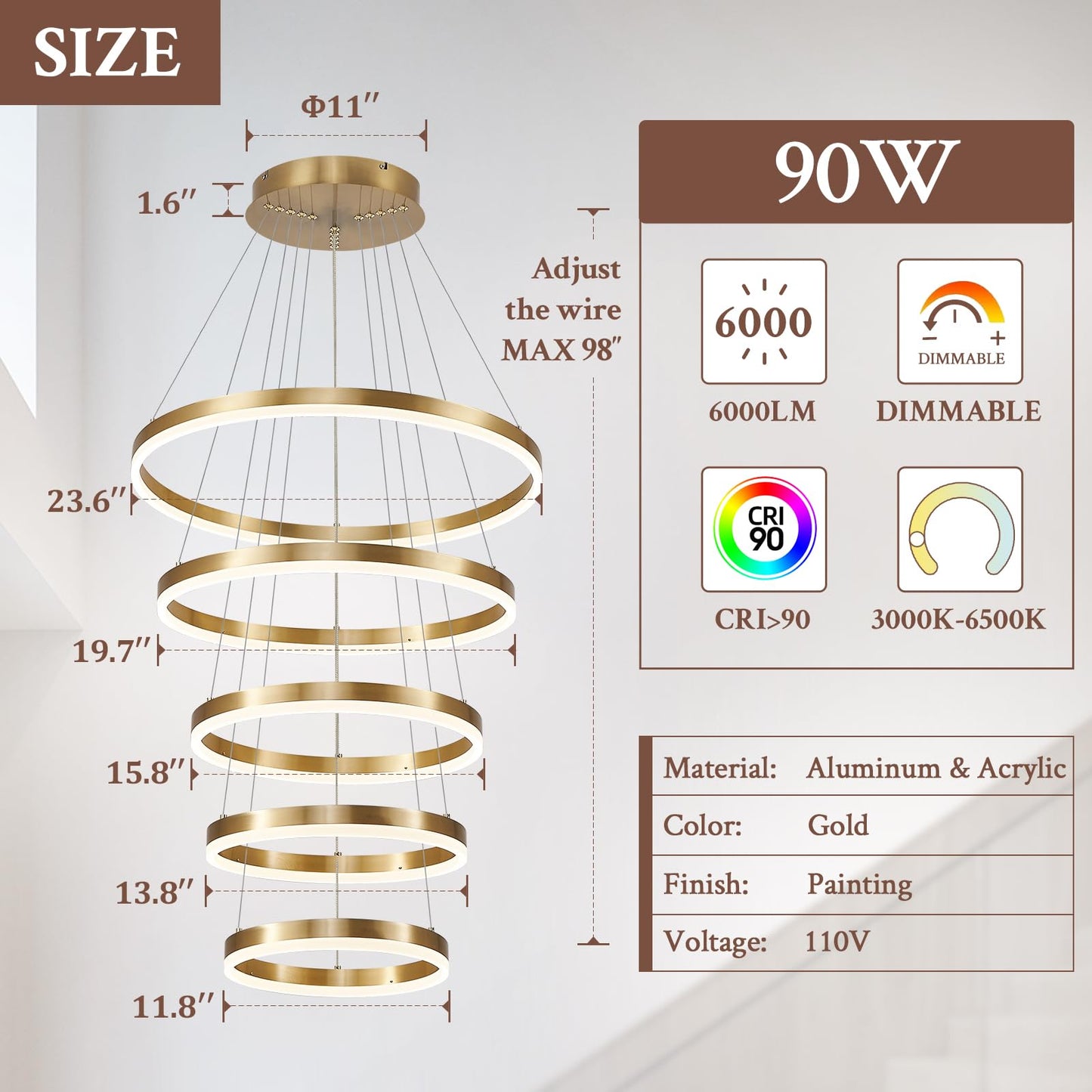 Sparklelf Modern LED Chandelier - Dimmable Gold 5-Rings 23.6in, Remote Control, 3000K-6500K, for Foyer, Dining Room,