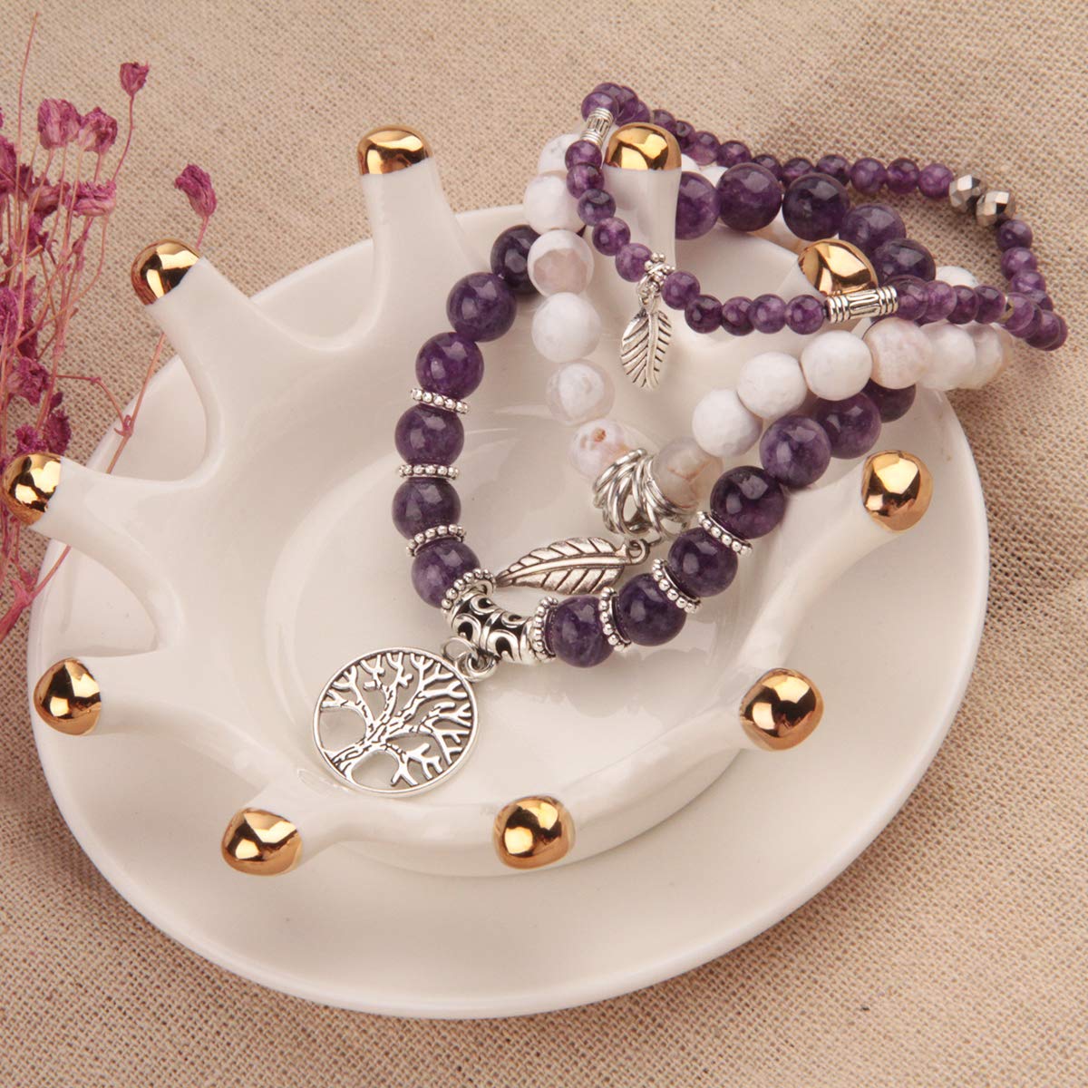 Jardme Healing Amethyst Crystal Bracelets for Women, 8mm Beaded Natural Stone Stretch Chakra Bracelets Tree of Life Bracelet Jew