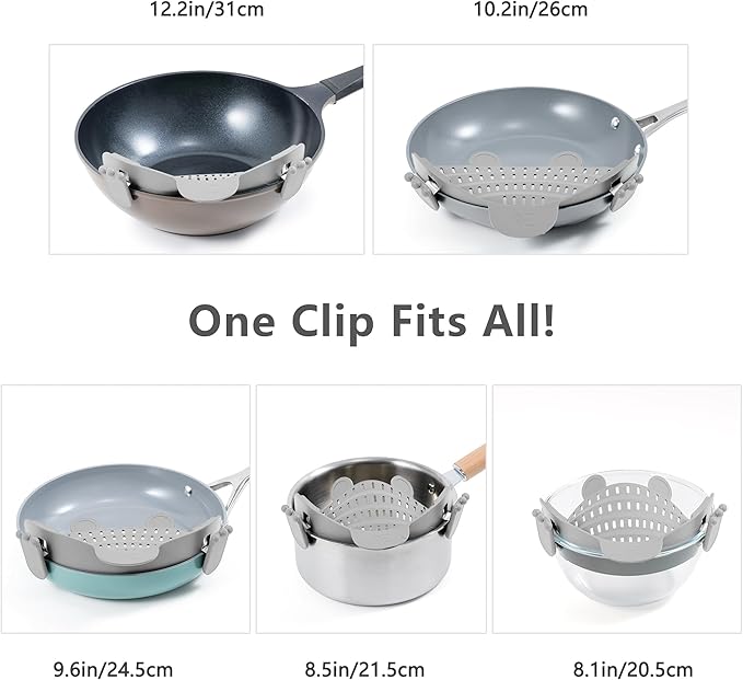 Clip On Strainer Silicone for All Pots and Pans, Pasta Strainer Clip on Food Strainer for Meat Vegetables Fruit Silicone Kitchen Colander