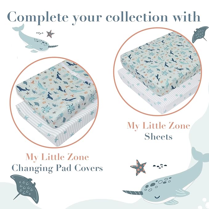 100% Cotton Changing Pad Cover for Baby Boys and Girls, Nautical - Breathable Bassinet, Mini Crib Mattress Fitted Sheets - Ocean Stars, 32"x16" with 8" Deep Pocket, Teal-White, 2 Pack