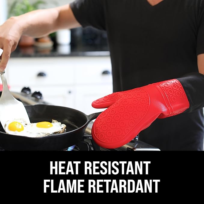 BPA-Free Soft Silicone Oven Mitts - Ultra Heat Resistant Oven Mitts with Thick Cotton Liner - Extra Long Slip Resistant Pot Holders, Flexible Oven Gloves - Red/Black 14.7"