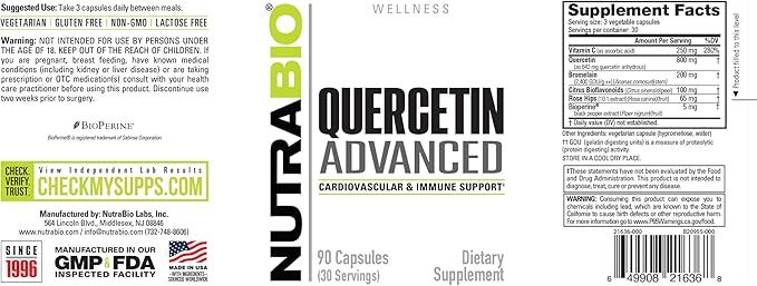 NutraBio Quercetin Advanced with Added Vitamin C and Bromelain - Potent Antioxidant - 90 Capsules