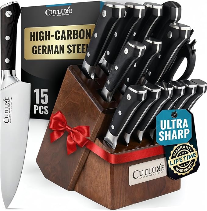 Cutluxe 15-Piece Knife Set – High Carbon German Steel Blades, Full Tang Design & Ergonomic Pakkawood Handles in Walnut Wood Block – Artisan Series