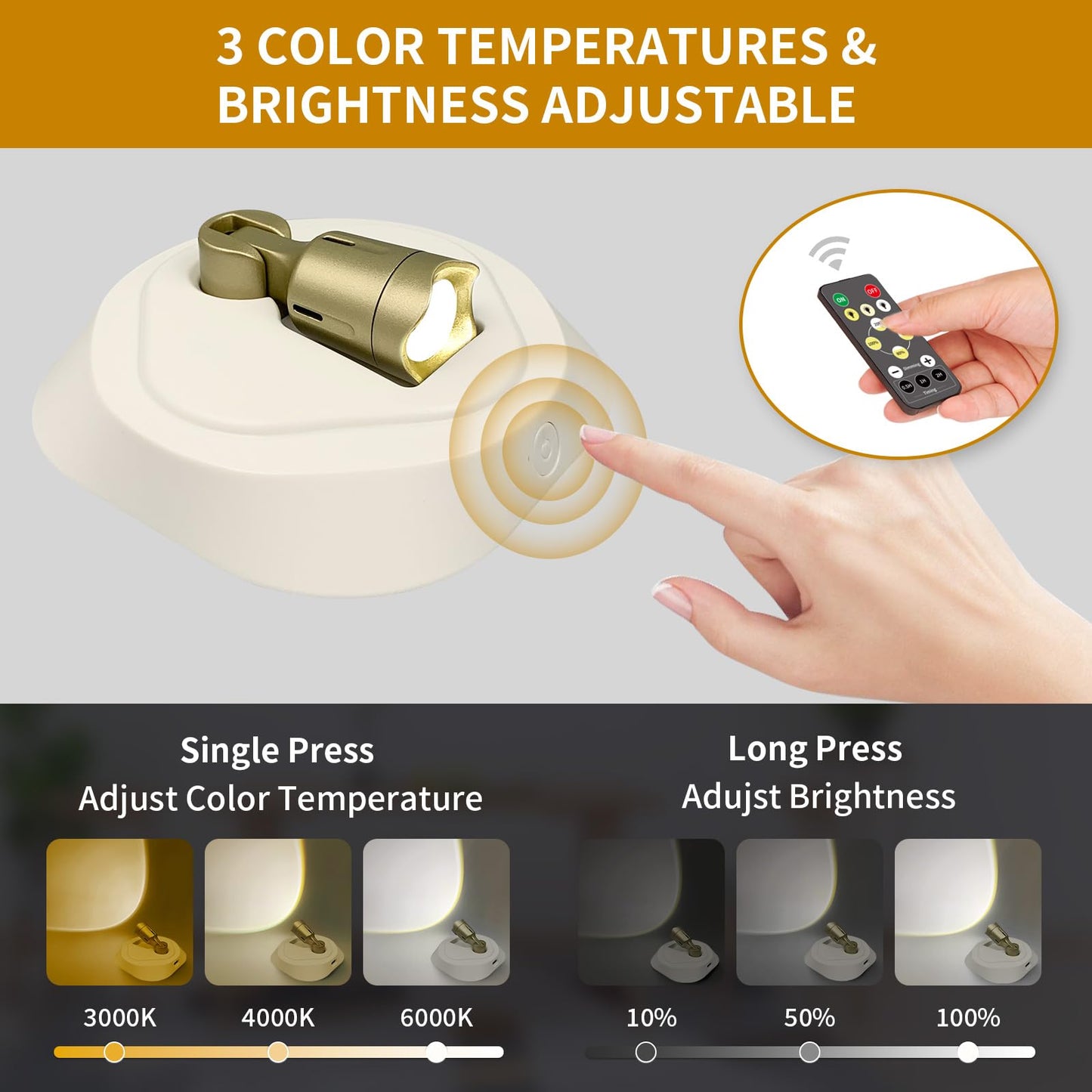 LEASTYLE LED Wireless Spotlights, 3000K/4000K/6000K, Rechargeable, Dimmable Accent Light, White+Gold, 2 Pack, Model TL011