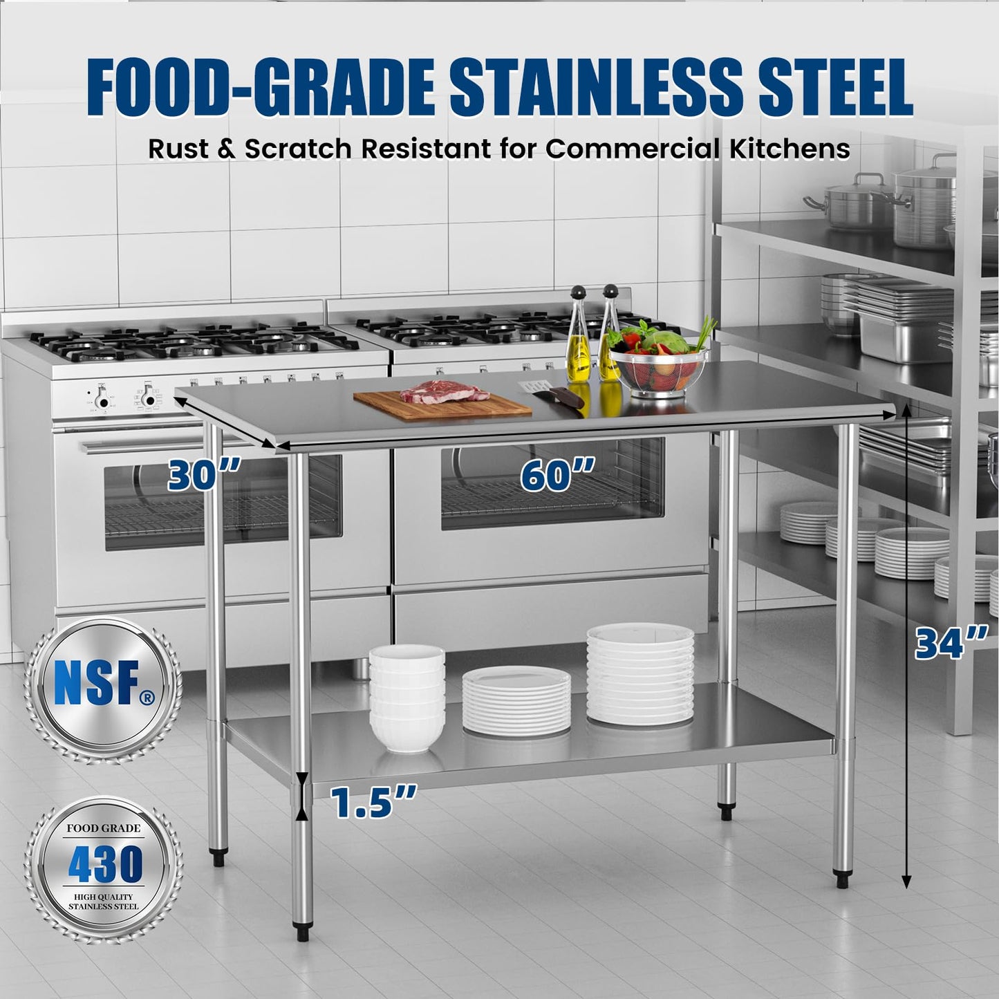 Stainless Steel Work Table 30 x 60 Inch with Adjustable Undershelf, Heavy-Duty Metal Prep Table for Commercial Kitchen & Restaurant, Garage, Outdoor