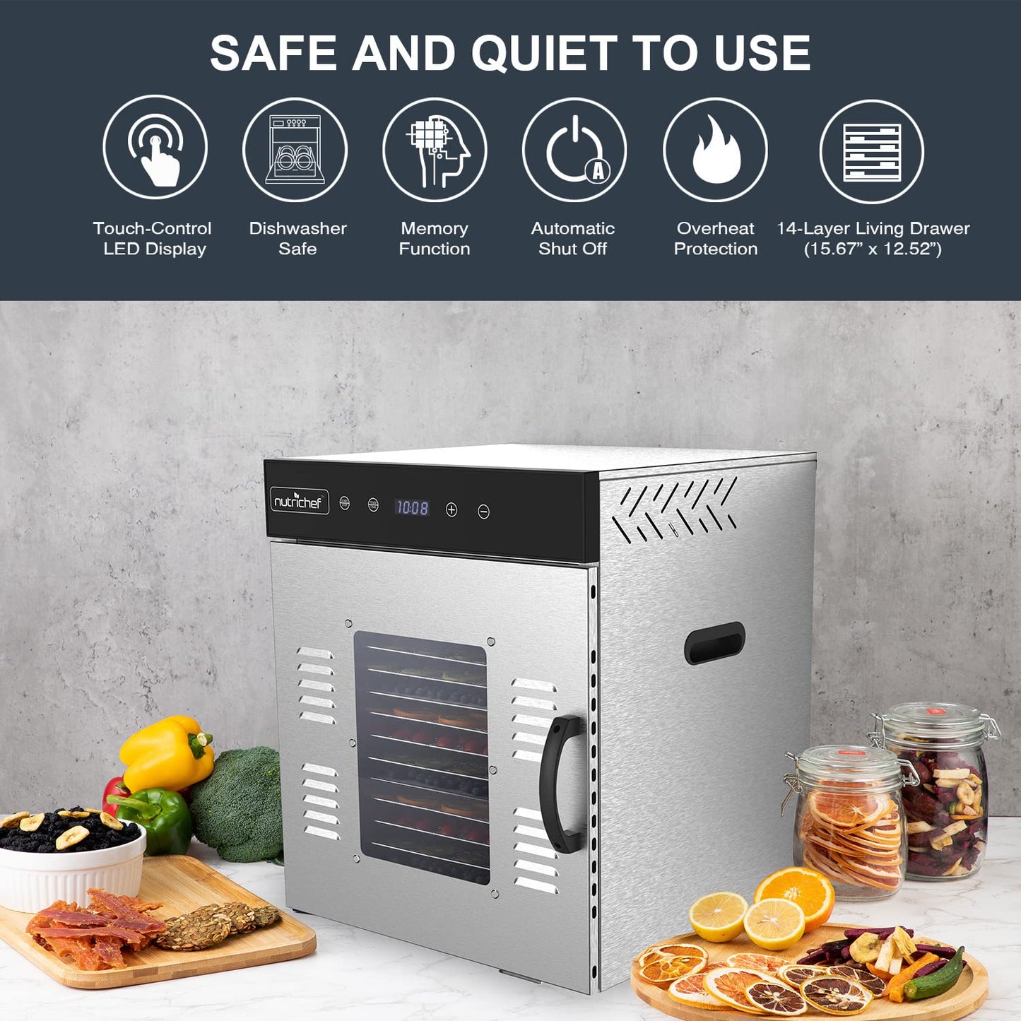 Nutrichef Commercial Electric Food Dehydrator Machine - 14 Shelf Extra Large Capacity - Stainless Steel Trays - 1000-Watts, Digi