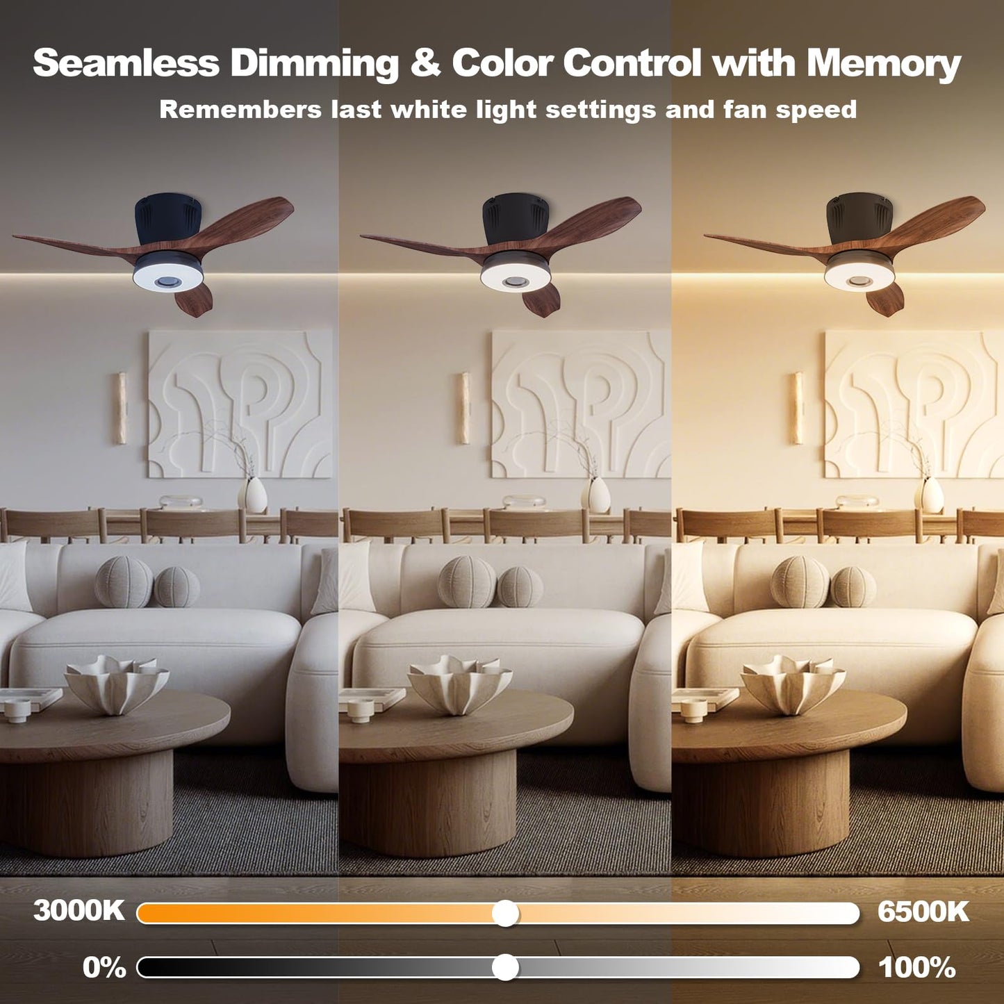 WVMNQO RGB Ceiling Fan with Bluetooth Speaker, 21in Low Profile, 3CCT Dimmable, Walnut, Model LEC016R