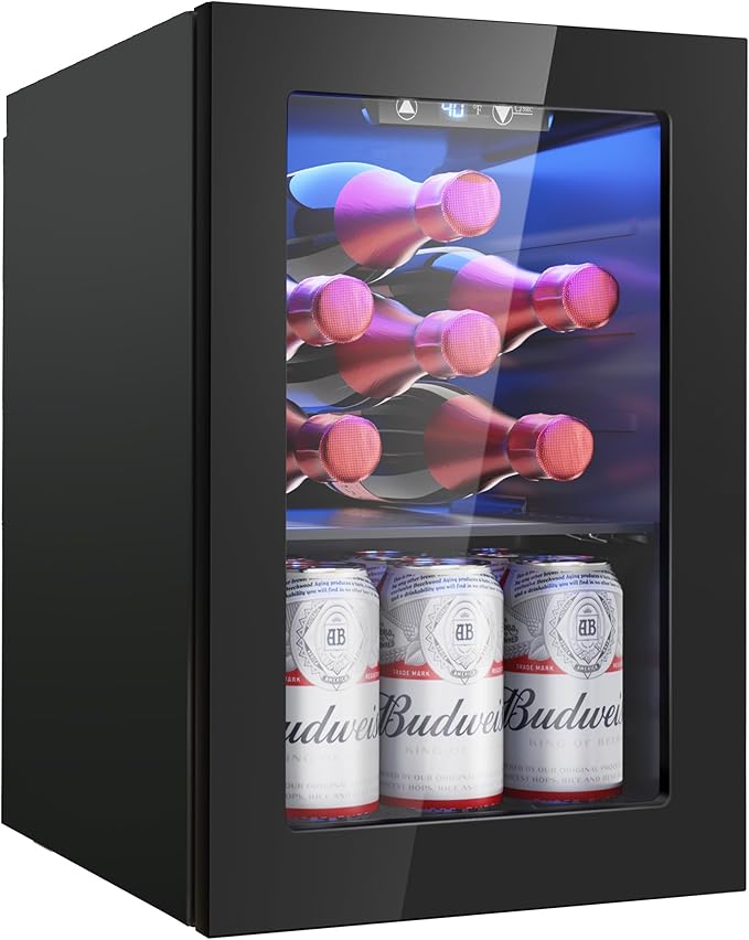 6 Bottles and 6 Cans Compact Beverage Refrigerator, Freestanding Mini Fridge with Temperature Control for Beer Wine, Under Counter Small Refrigerator Adjustable Shelve for Home and Bar