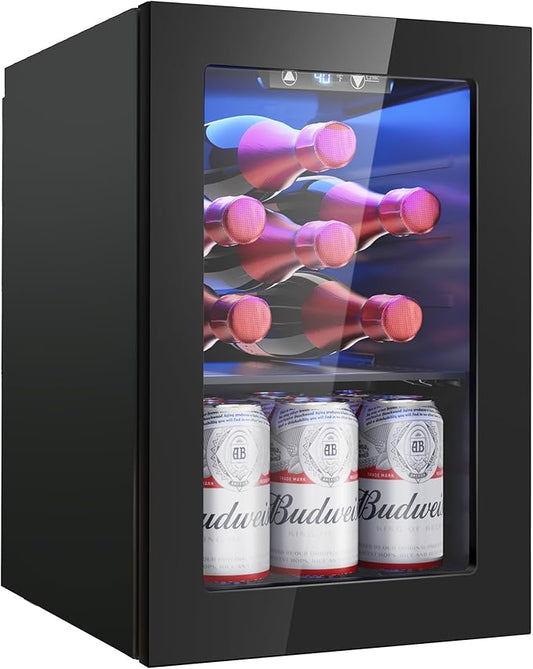 6 Bottles and 6 Cans Compact Beverage Refrigerator, Freestanding Mini Fridge with Temperature Control for Beer Wine, Under Counter Small Refrigerator Adjustable Shelve for Home and Bar