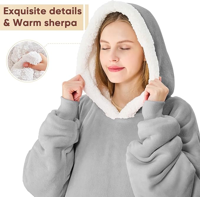yescool Wearable Blanket Hoodie, Flannel Sherpa Fleece Blanket Sweatshirt for Adults Women Men,One Size Fits All