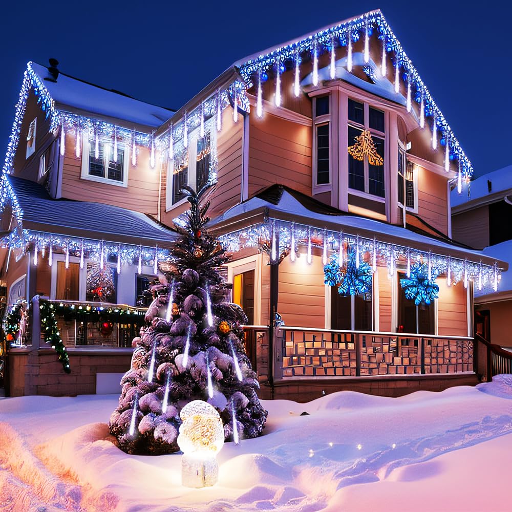 Kwaiffeo Led Meteor Shower Lights - 8 Tubes, 30Cm, White, Snow Falling Icicle Lights For Christmas Tree & Wedding Decor