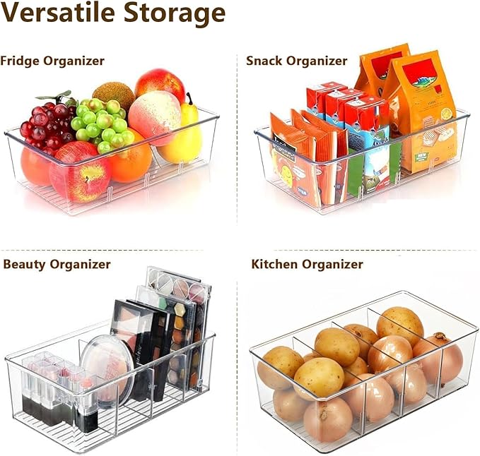 8 Pack Refrigerator Organizers and Storage,Clear Plastic Storage Bins with 3 Dividers for Pantry,Kitchen,Fridge Organization and Storage,Snack Containers for Spice Packets,Tea bag organizer