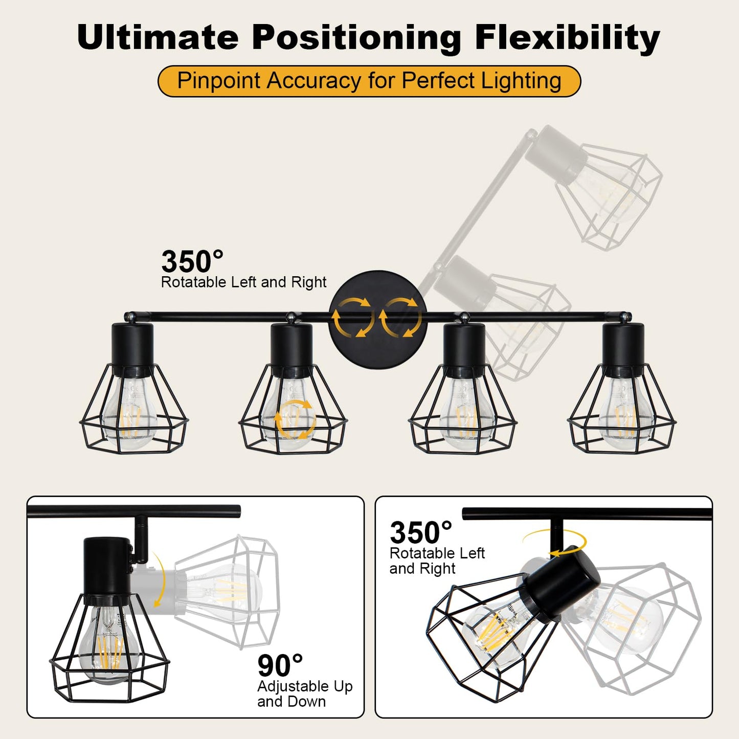 Hibay 4-Light Track Lighting Farmhouse  Industrial Directional Ceiling Track Light Fixtures  Black Geometric Cage Spotlight Indoor For Kitchen  Bedroom  Hallway  E26 Base (Bulbs Not Included)
