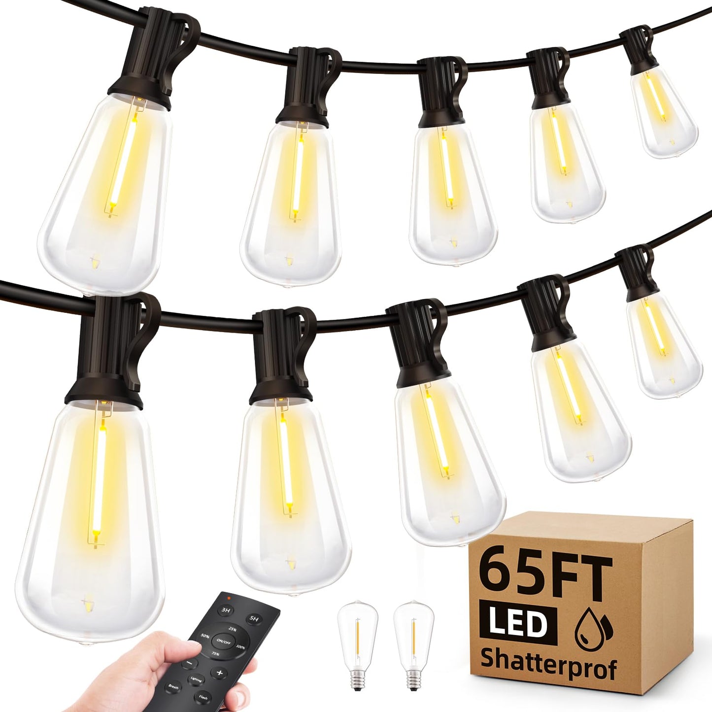 MGVIH Outdoor String Lights, 65FT Waterproof LED with Remote, Dimmable ST38 Shatterproof Bulbs, Black, Model CMC-O24XA