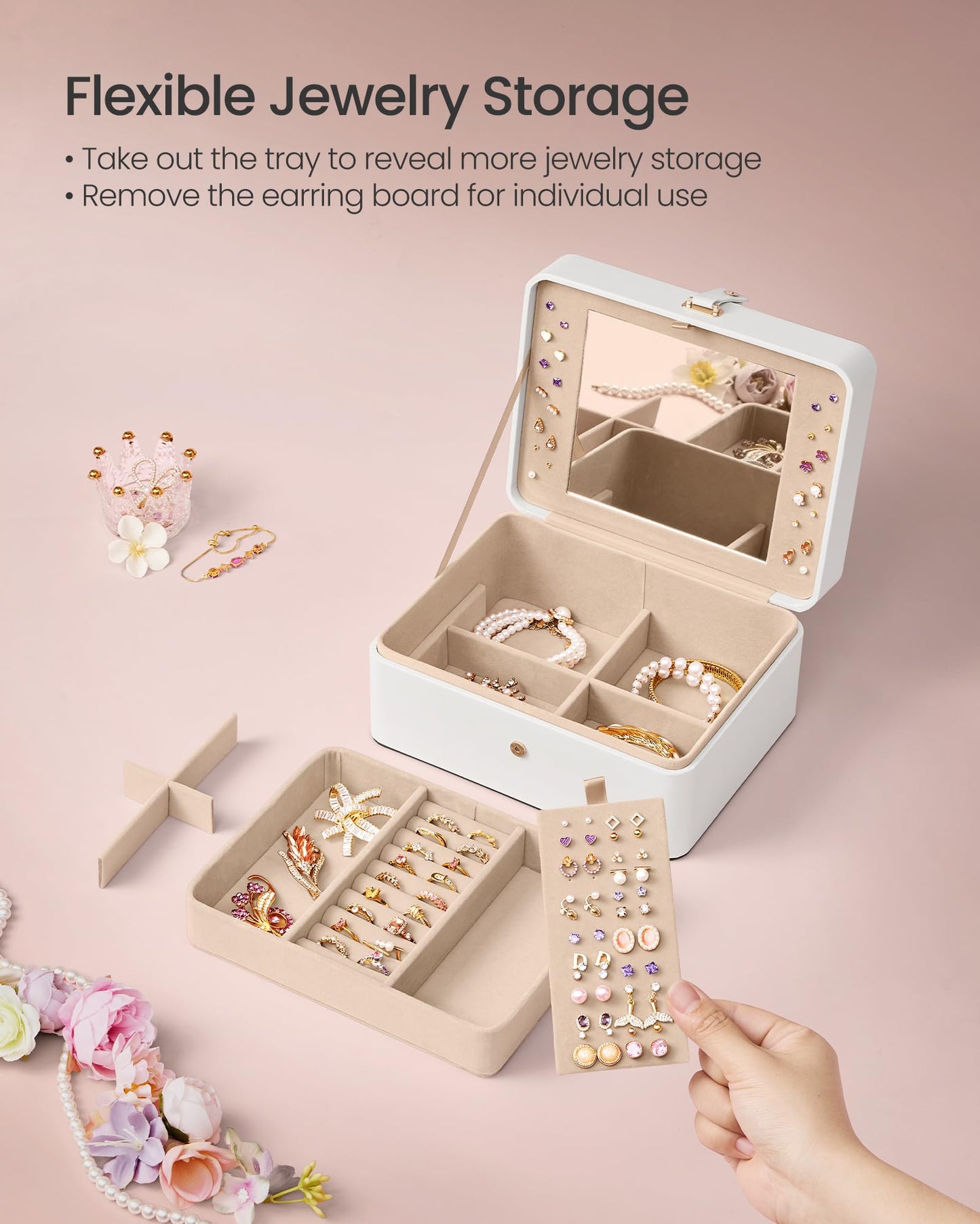 SONGMICS Jewelry Box with Mirror, 2-Layer Jewelry Holder Organizer, Travel Jewelry Case, Removable Jewelry Tray, 6.9 x 8.7 x 4.3
