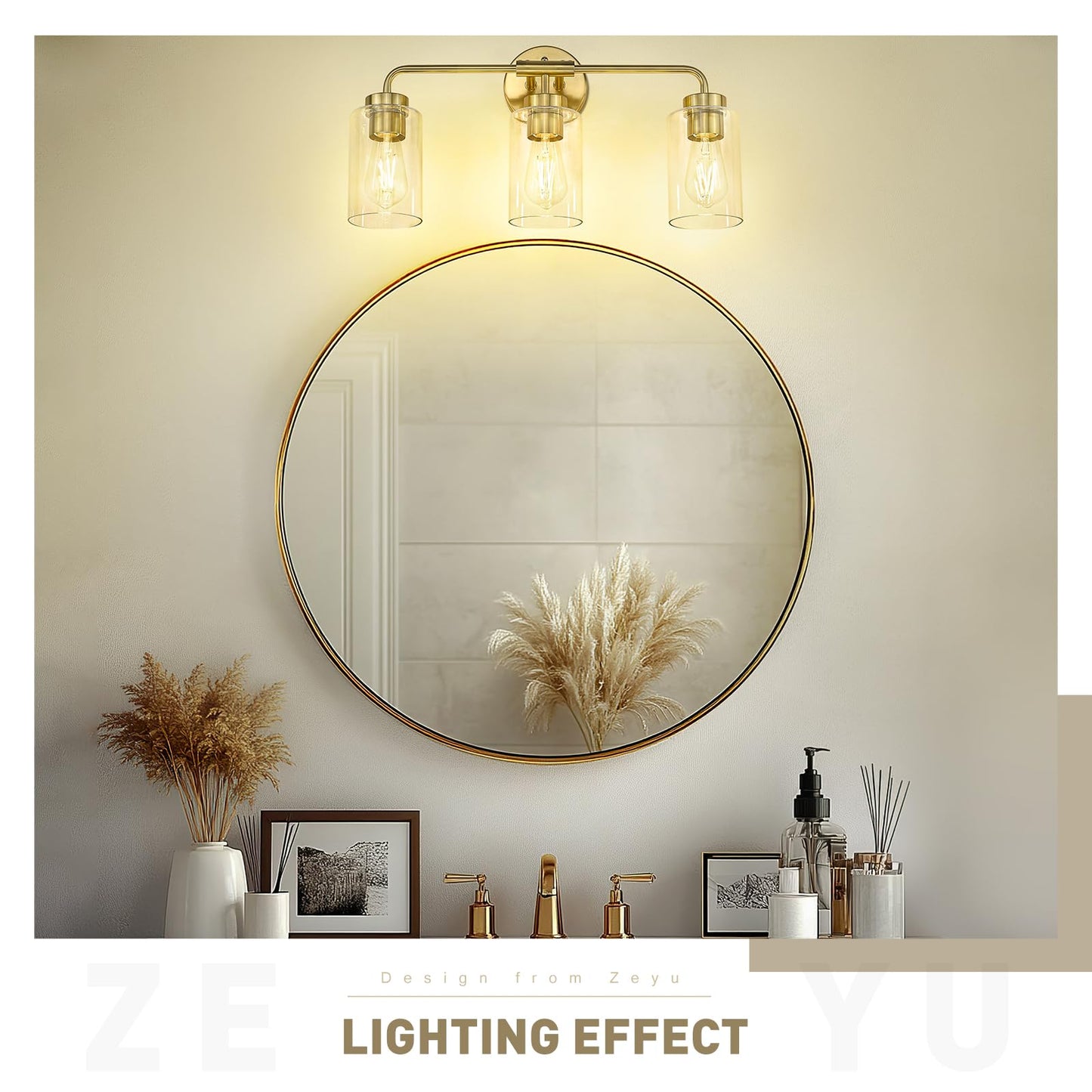 Zeyu 3-Light Vanity Lighting Fixtures  Modern Vanity Lighting Fixtures Over Mirror With Cylinder Clear Glass Shade  Brushed Gold Finish  Zs62B-3W Bg